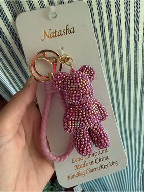 Natasha Couture Pink Crystal Teddy Keyring with Braided Strap